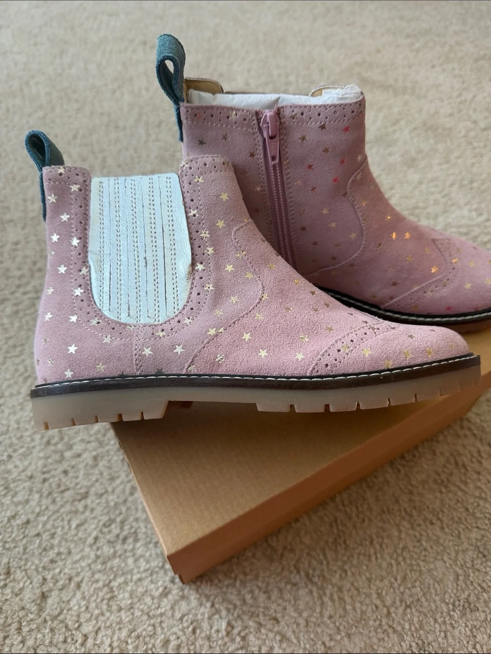 Mini Boden Pink Star Chelsea Boot with Teal Pull Tab
